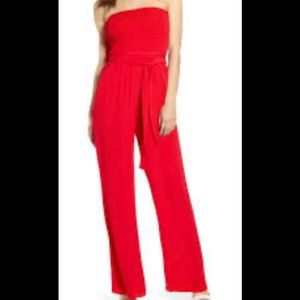 Socialite Strapless Jumpsuit with Belt Pockets Elastic Top Red Size Medium